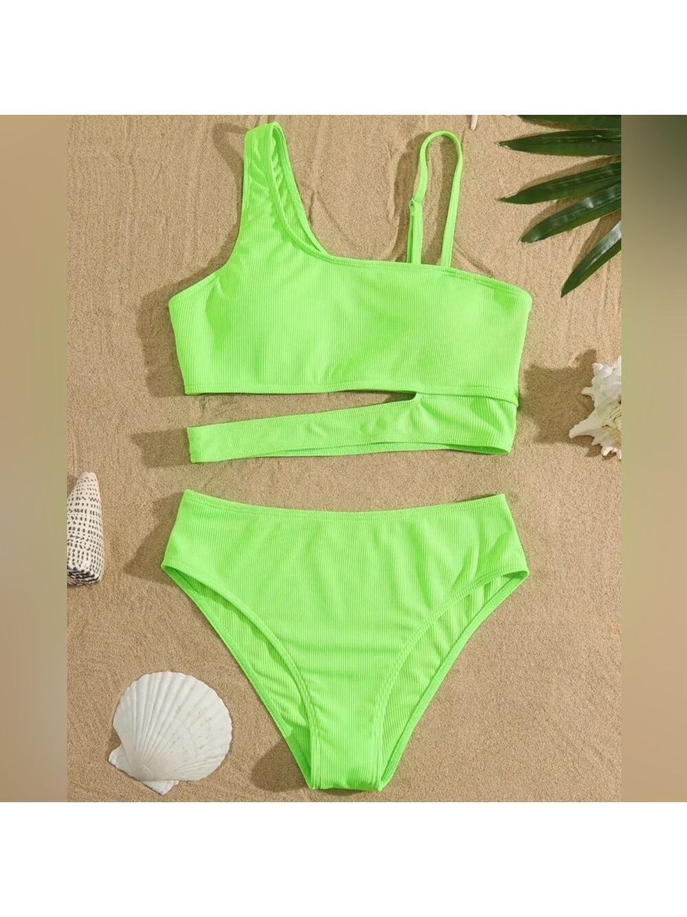 Neon Green One Shoulder High Waisted Bikini